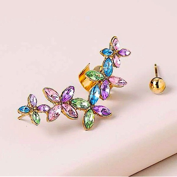 Gold Multicolor Flower Ear Cuff Climber Earring - Picture 1 of 6